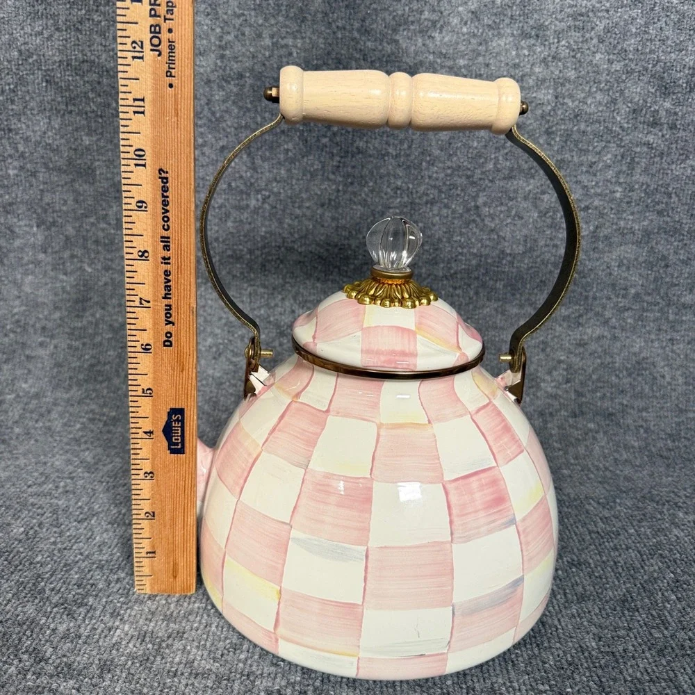 New Mackenzie Tea Kettle Childs 3 Quart Enamel Rosy Check Pink Plaid